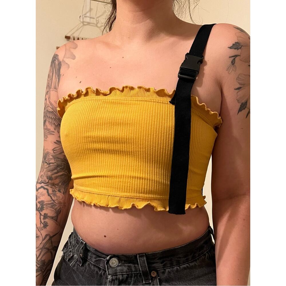 Yellow Ribbed Lettuce-Edge Tube Top - Picture 2 of 4